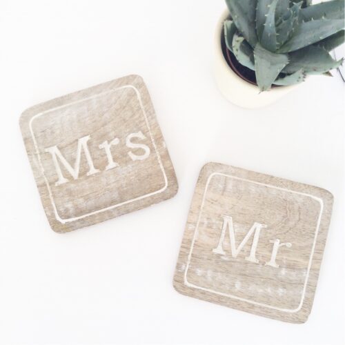 Mr and Mrs Carved Wooden Coasters