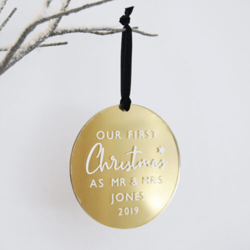 First Christmas as Mr and Mrs Gold Mirrored Bauble